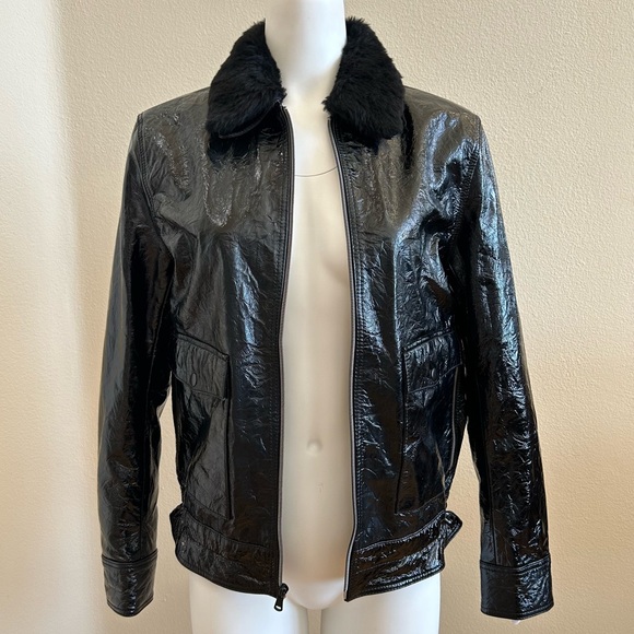 7 for all Mankind Black Crinkle Leather Jacket XS 7FAM Removable Fur Collar - Picture 3 of 11